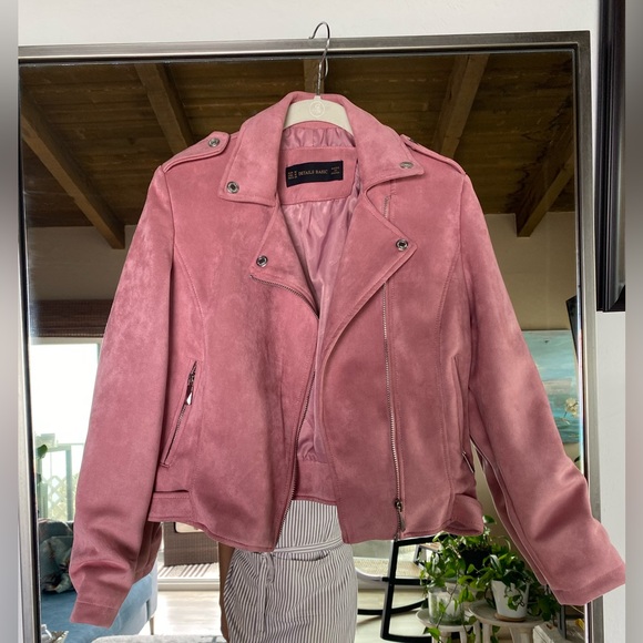 Jackets & Blazers - Faux Suede pink motto jacket. Used twice, excellent condition.